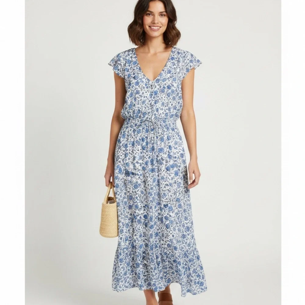 lucky brand blue floral dress Lucky Brand Dress Womens XS Blue Floral Cottagecore 100% Cotton Lined Maxi NEW